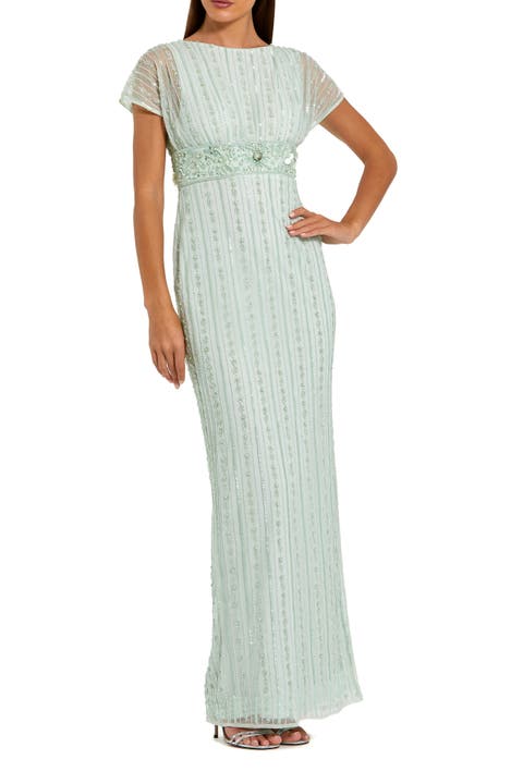 Beaded Blouson Short Sleeve Column Gown