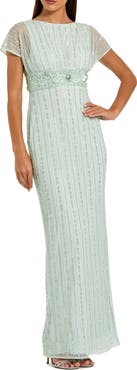 Mac Duggal Beaded Blouson Short Sleeve Column Gown