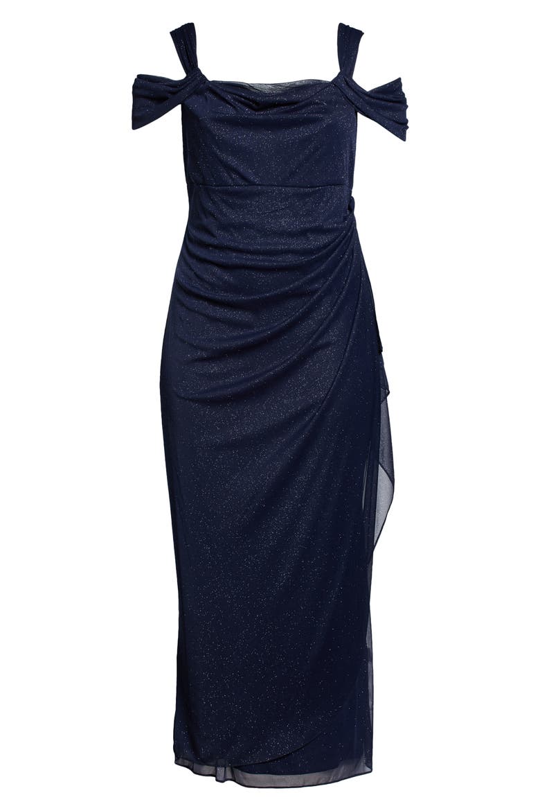 Cold Shoulder Glitter Column Gown, Alternate, color, DARK NAVY