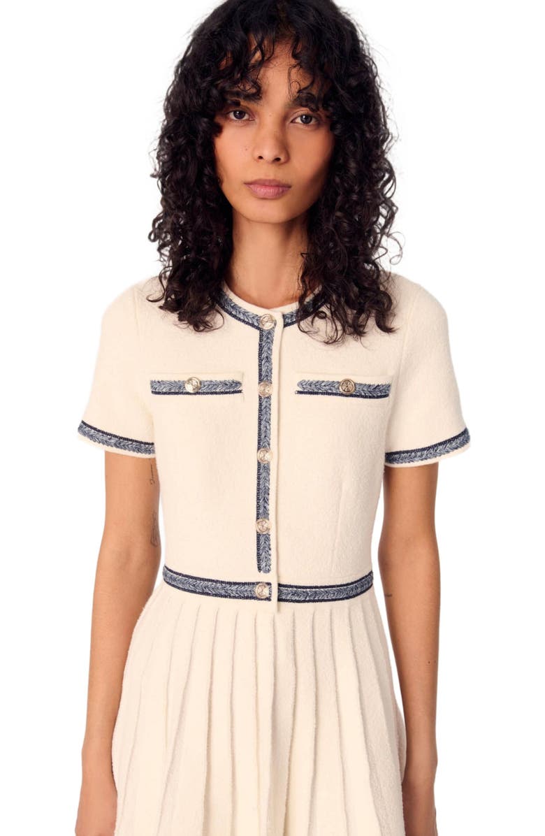 maje Pleated knit short dress, Alternate, color, 