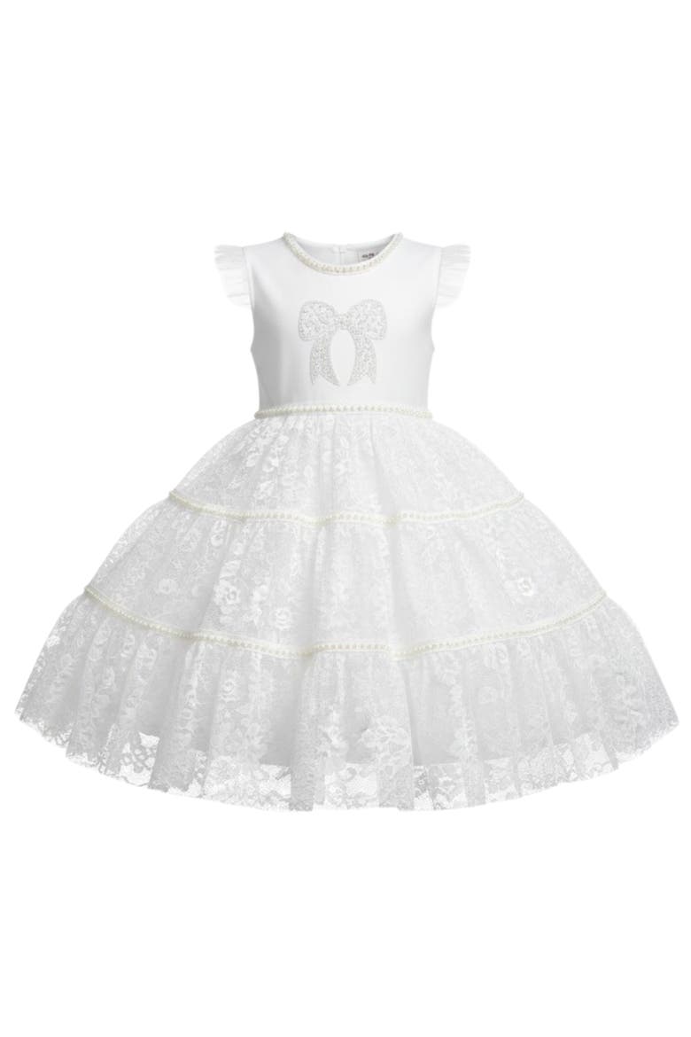 Sweet Lace Pearl & Bow Tiered Dress, Main, color, White