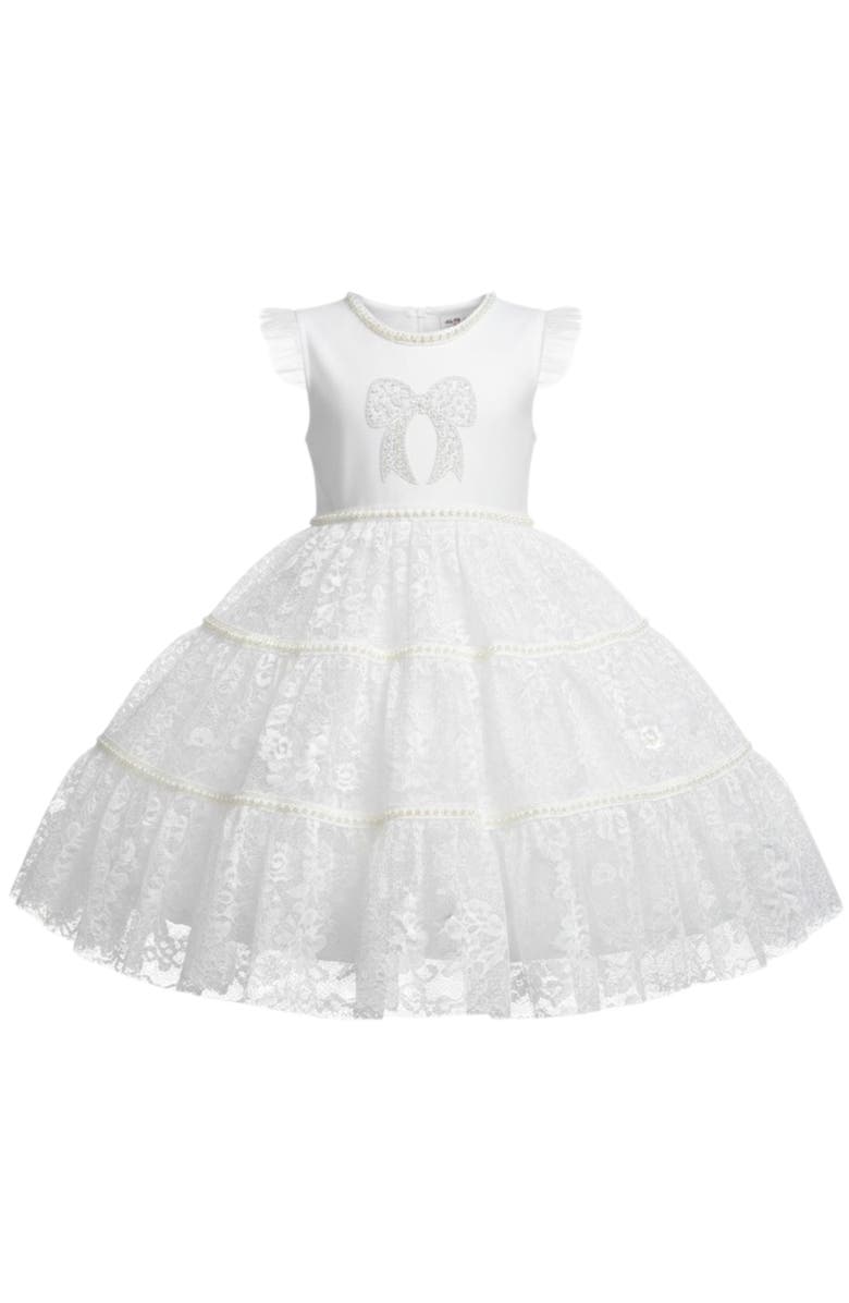 Mia Belle Girls Sweet Lace Pearl & Bow Tiered Dress, Main, color, White