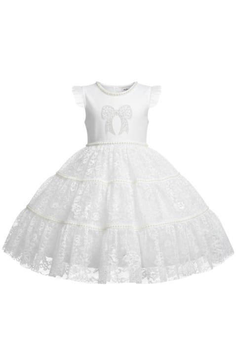 Sweet Lace Pearl & Bow Tiered Dress (Toddler, Little Kid & Big Kid)