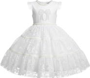 Mia Belle Girls Sweet Lace Pearl & Bow Tiered Dress