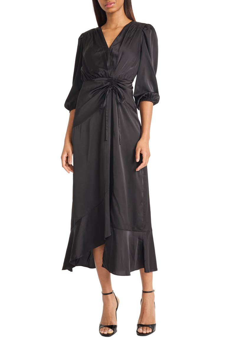 Front Tie Satin Midi Dress, Main, color, BLACK