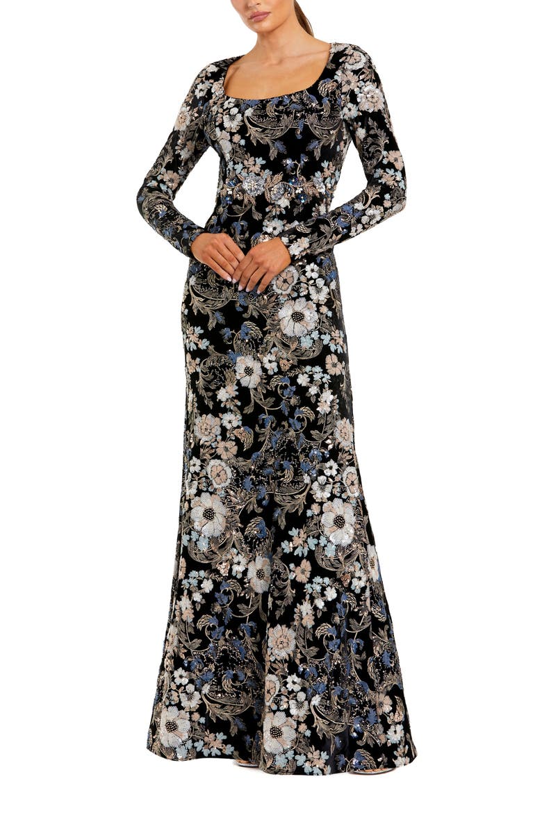 Embroidered Velvet Long Sleeve Scoop Neck Gown, Main, color, Black Multi