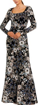 Mac Duggal Embroidered Velvet Long Sleeve Scoop Neck Gown