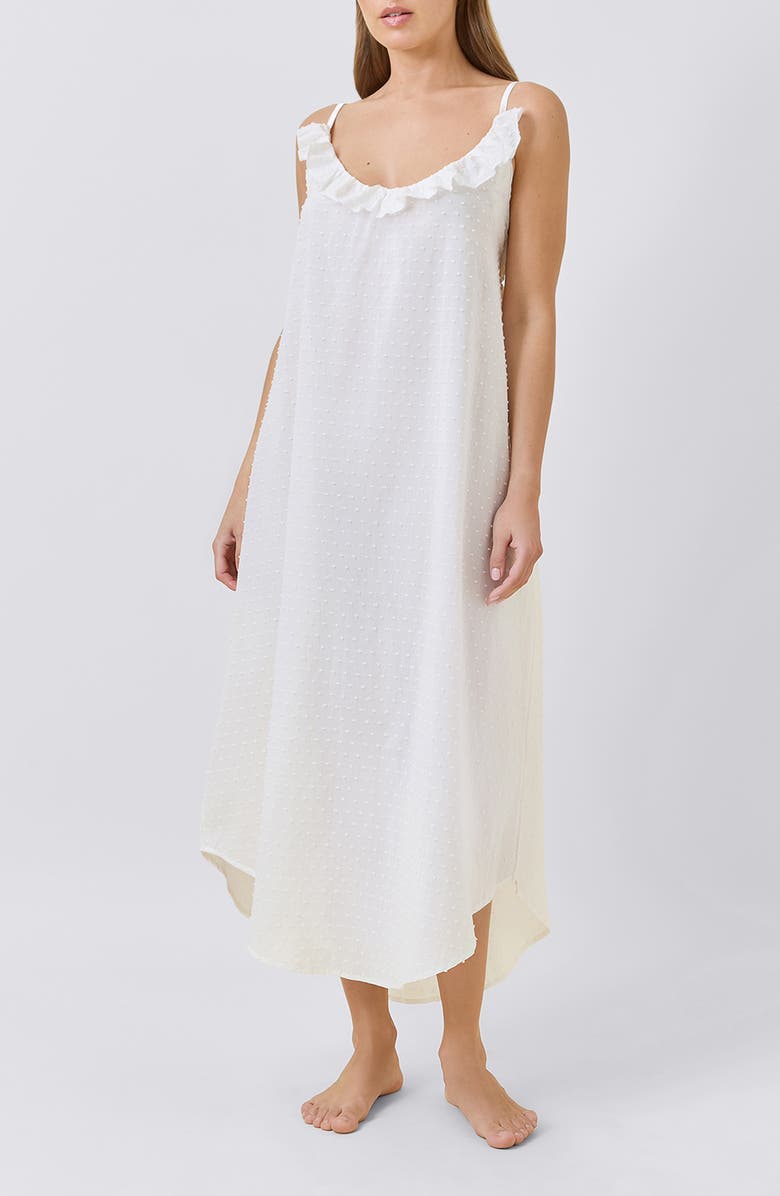 Papinelle Swiss Dot Frill Cotton Maxi Nightgown, Alternate, color, Ecru