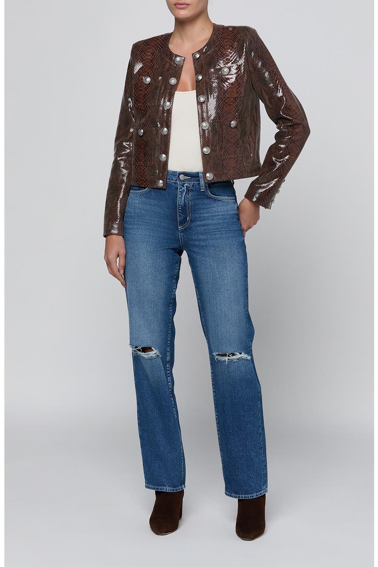 Jayde Snake Embossed Leather Collarless Jacket, Alternate, color, DARK CAPPUCCINO SNAKE