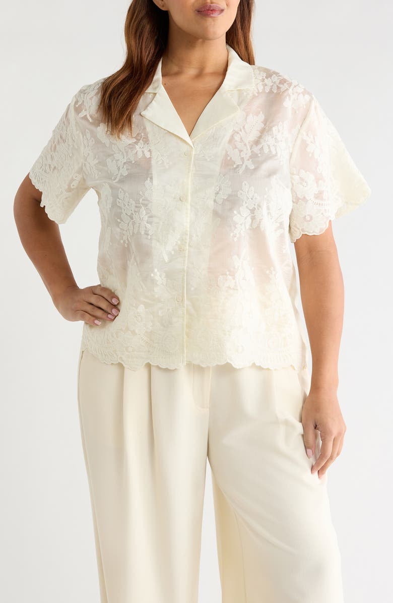 Vince Camuto Scallop Hem Lace Button-Up Shirt, Main, color, New Ivory