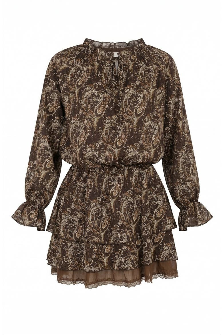 Paisley Print Mini Dress with Tiered Skirt and Long Sleeves, Alternate, color, Dark Brown Paisley