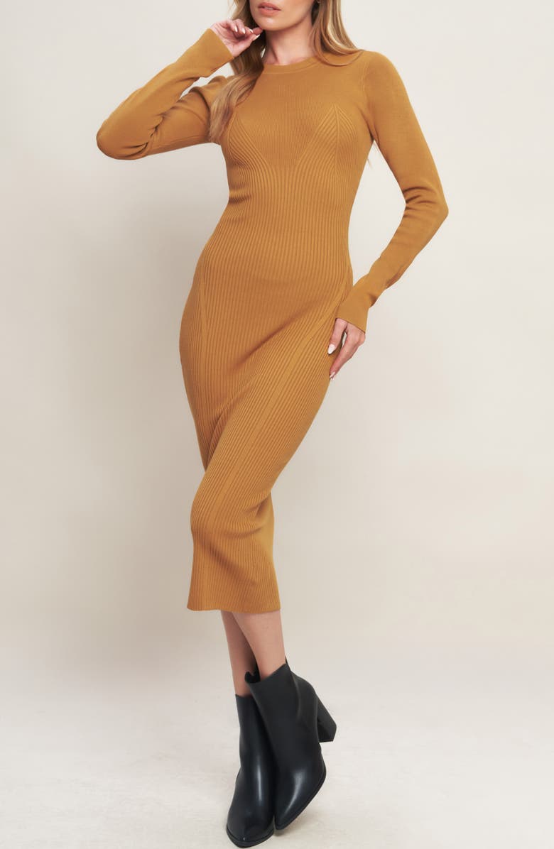 FLYING TOMATO Long Sleeve Rib Knit Midi Dress, Main, color, Camel