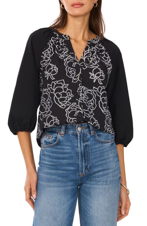 Shop Vince Camuto Embroidered Floral Button-up Shirt In Rich Black