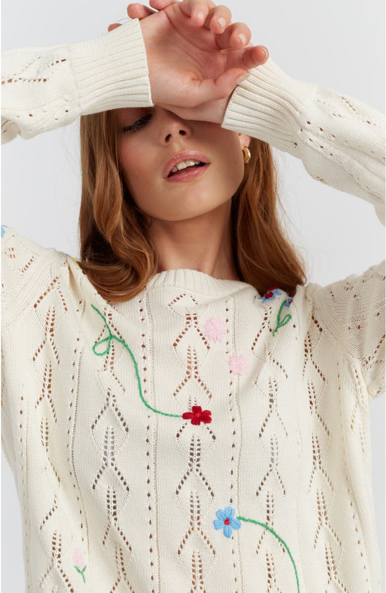Chinti & Parker Hand-Embroidered Floral Cotton Sweater, Alternate, color, Cream