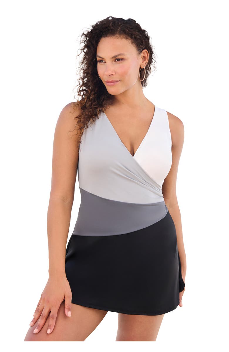 Swim 365 Colorblock Fit-And-Flare Swim Dress, Main, color, Black White Colorblock