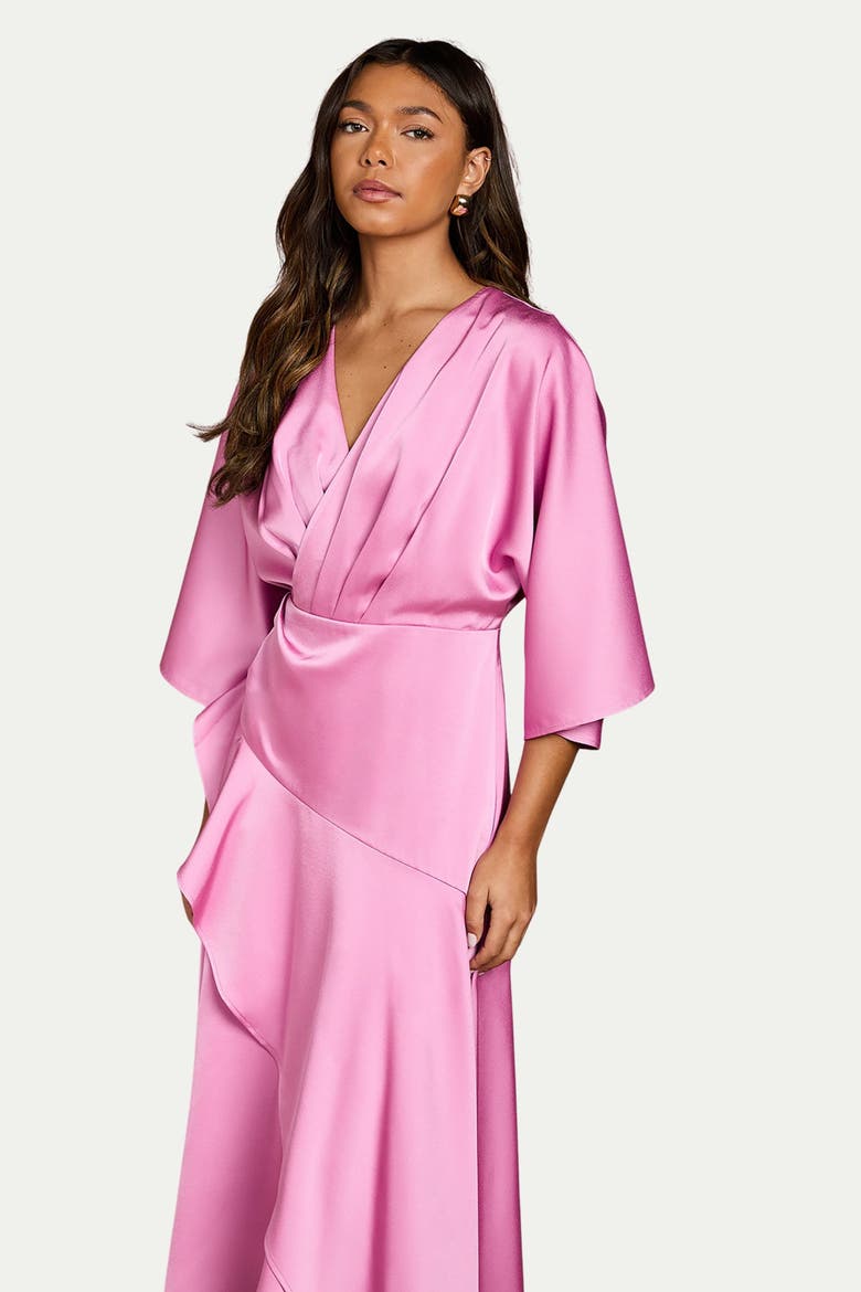 Satin Back Crepe Ruffle Wrap Midi Dress, Alternate, color, Pink