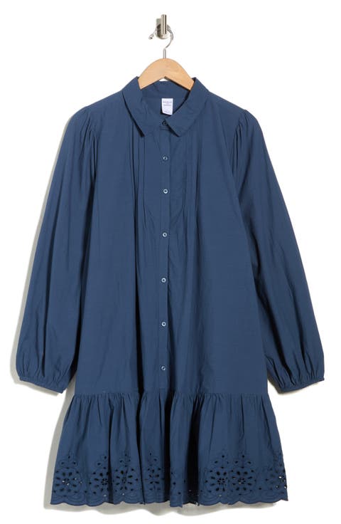 Long Sleeve Poplin Eyelet Trim Dress (Plus)