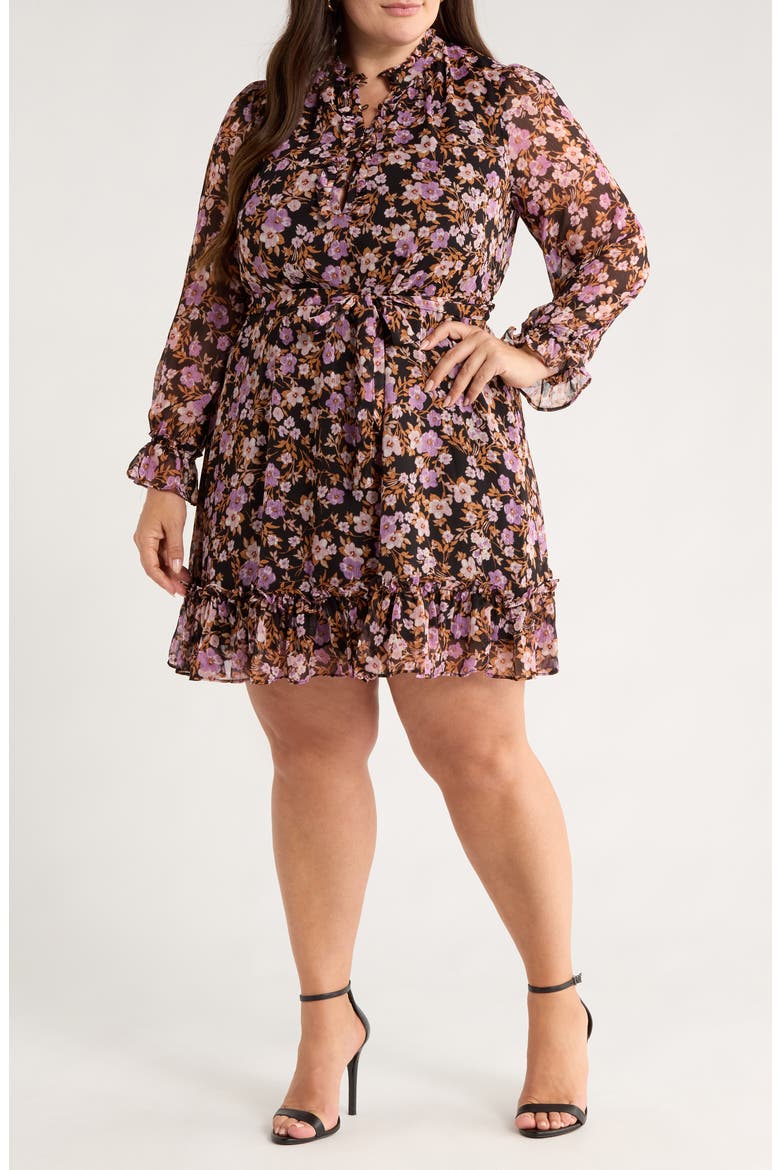 Floral Print Tie Waist Long Sleeve Dress, Main, color, RICH BLACK