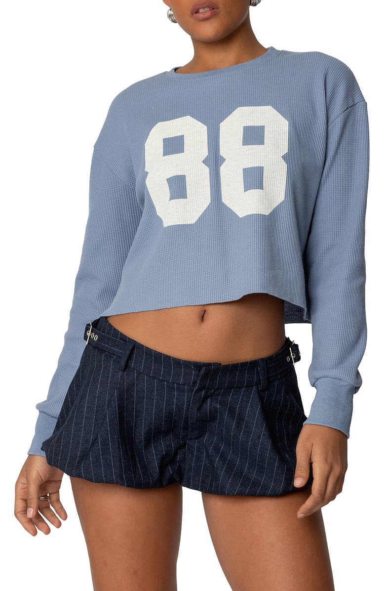 EDIKTED 88 Long Sleeve Crop Waffle Knit T-Shirt, Main, color, Blue