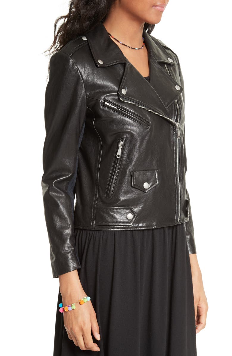 Rebecca Minkoff Wes Moto Leather & Neoprene Jacket, Alternate, color, 
