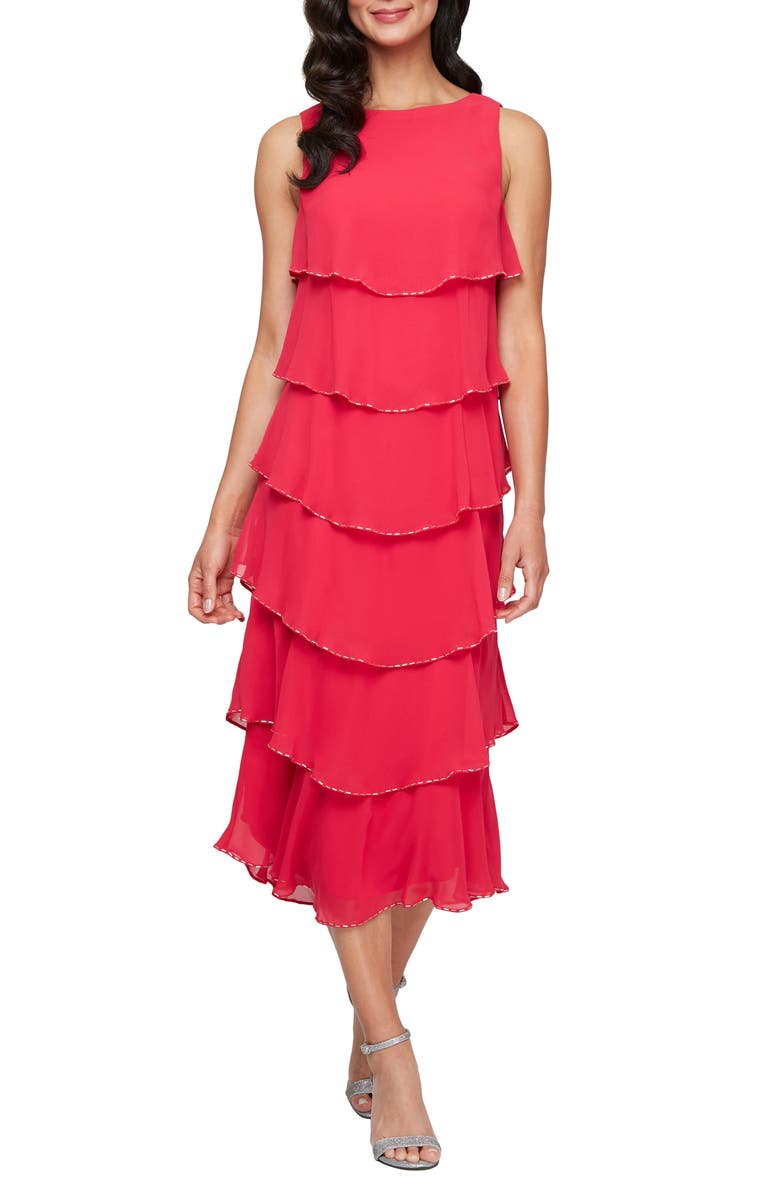 SL FASHIONS Beaded Layered Ruffle Cocktail Dress, Main, color,