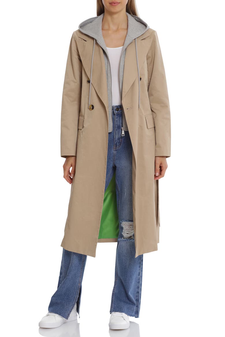 Double-Breasted Hoodie Trench Coat, Alternate, color, TAN
