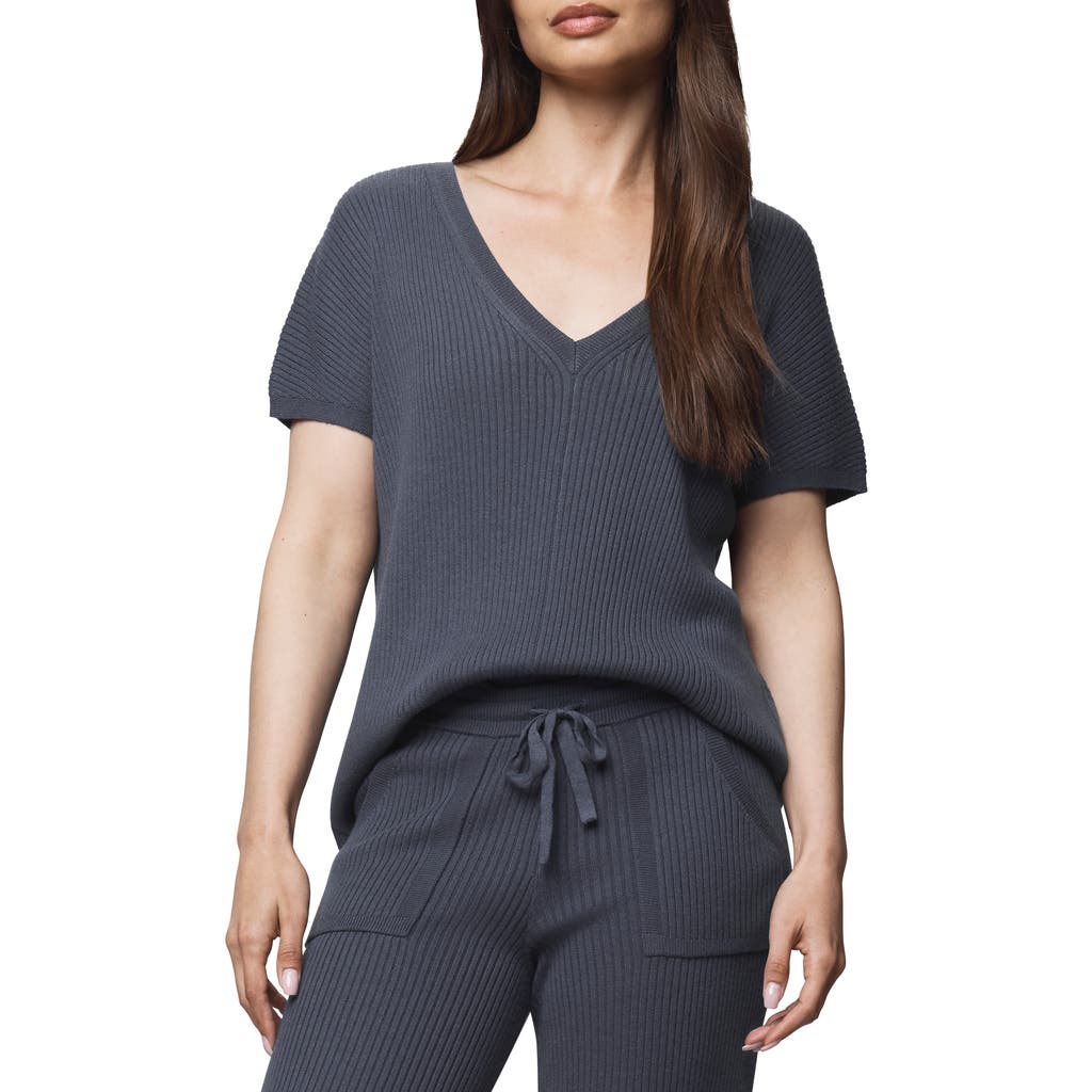 Splendid Georgie V-neck Short Sleeve Rib Sweater In Blue