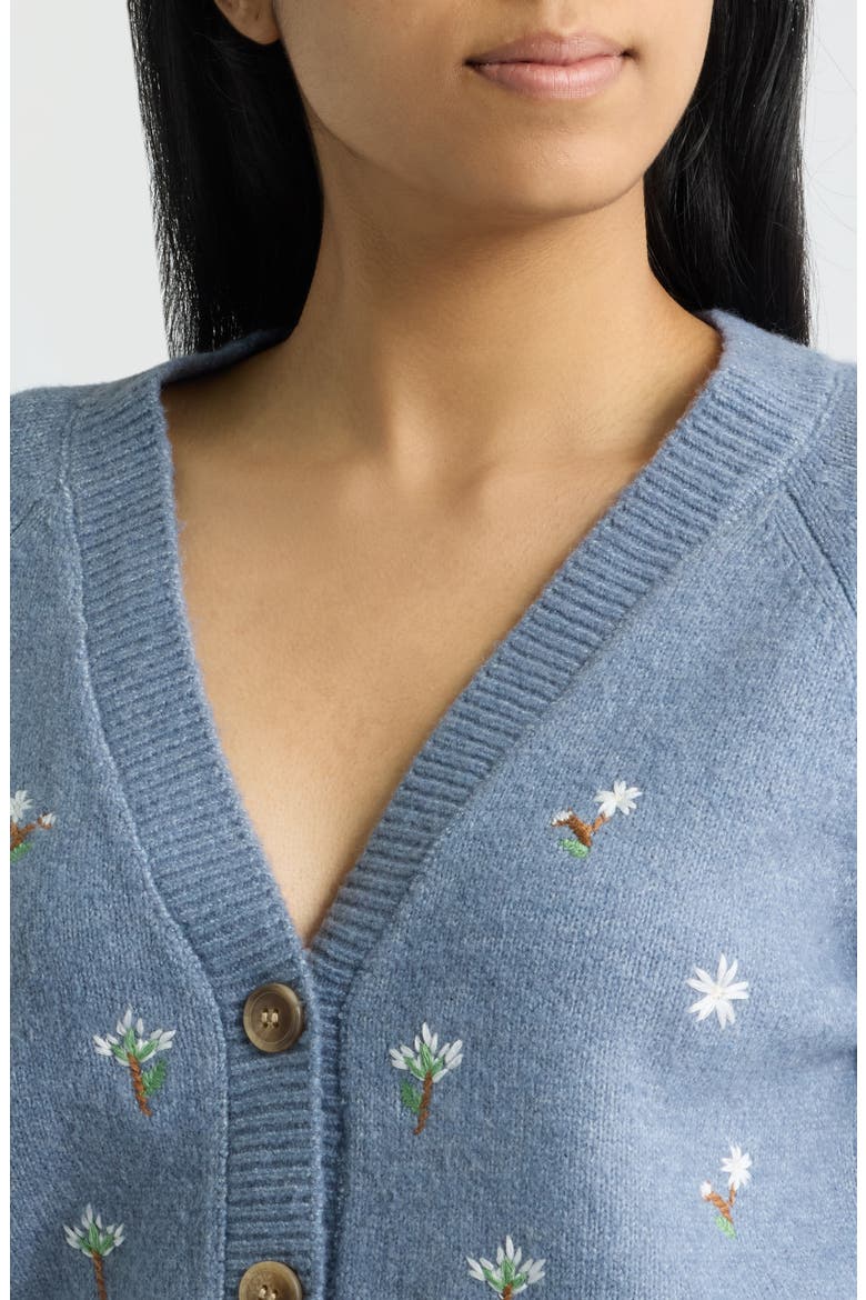 Embroidered Floral V-Neck Cardigan, Alternate, color, DUSTY BLUE/ WHITE
