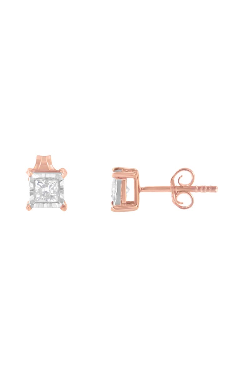 14K Rose Gold Plated Silver 1/2 Ct Princess Diamond Solitaire Stud Earrings, Alternate, color, White