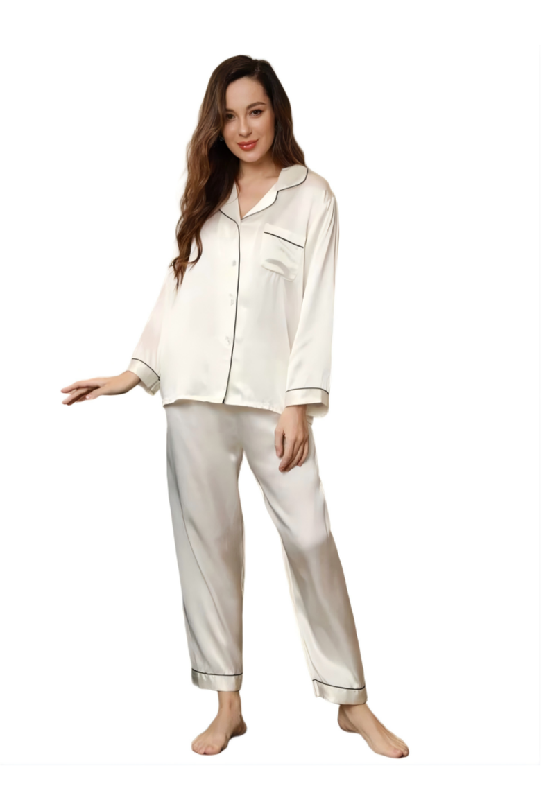 Pure Silk Long Sleeve Notch Collar Pajamas, Main, color, White