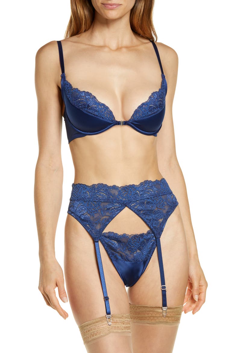 Underwire Bra, Garter Belt & Thong Set, Main, color, NAVY