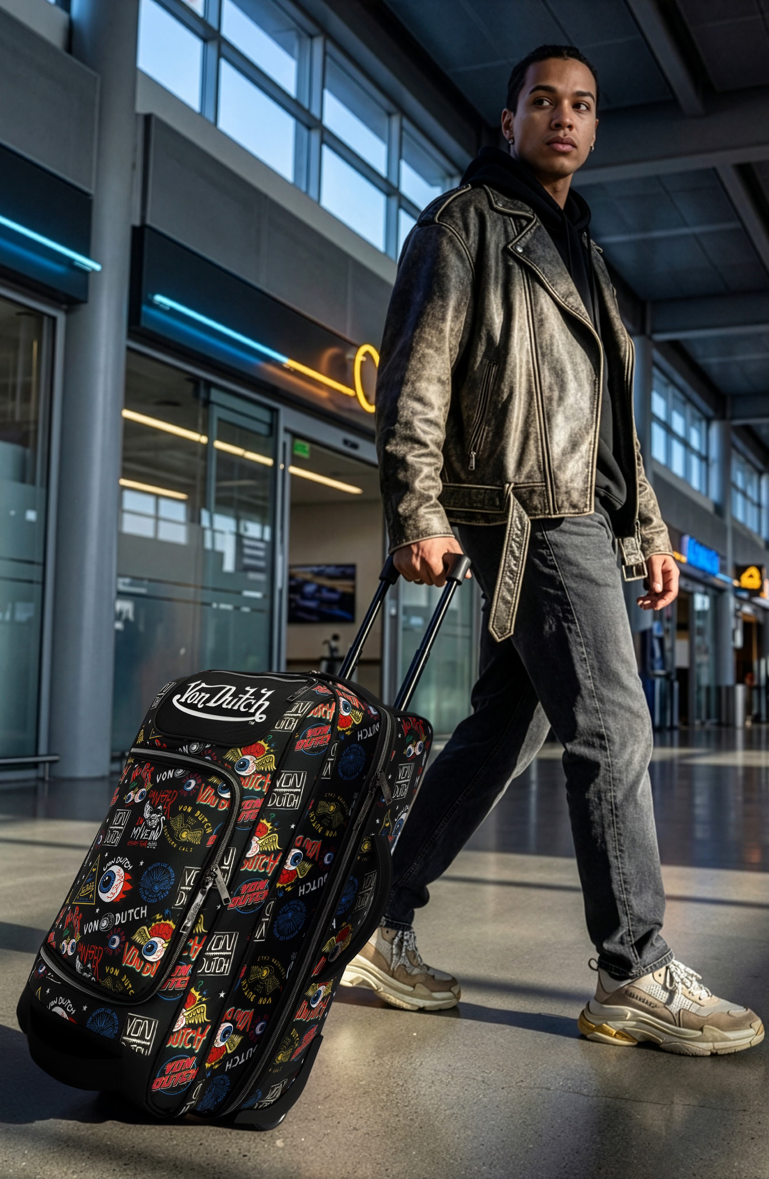 Von Dutch Jax Black Rolling Travel Duffel Bag  with Inline Skate Wheels, Alternate, color, Jax Black
