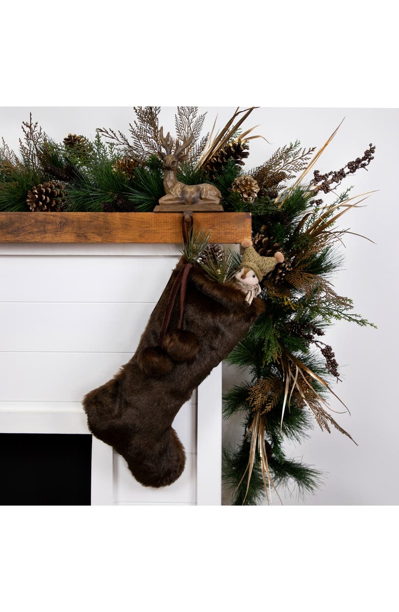 Northlight Mink Faux Fur Christmas Stocking with Pom Poms - 20.5" - Brown, Alternate, color,