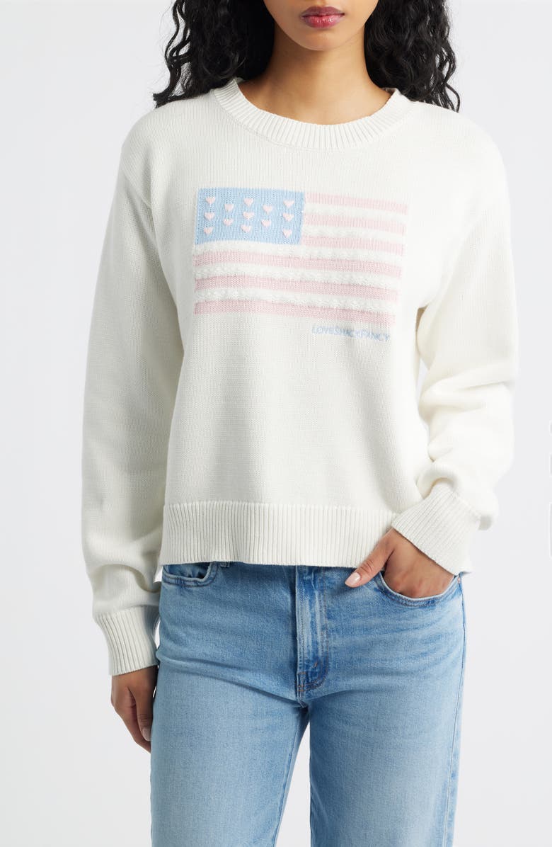 LoveShackFancy Ty Intarsia Flag Cotton Crewneck Sweater, Main, color, Ivory Dreams