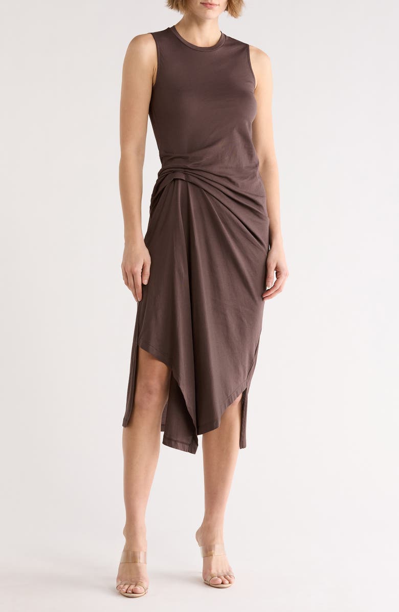 AllSaints Rivi Draped Midi Dress, Main, color, Bottle Brown