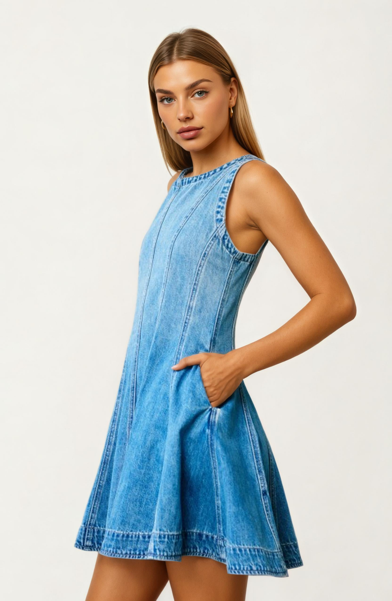 Knit and Lounge Sleeveless Denim Fit and Flare Mini Dress with Seamed Detailing, Alternate, color, Blue