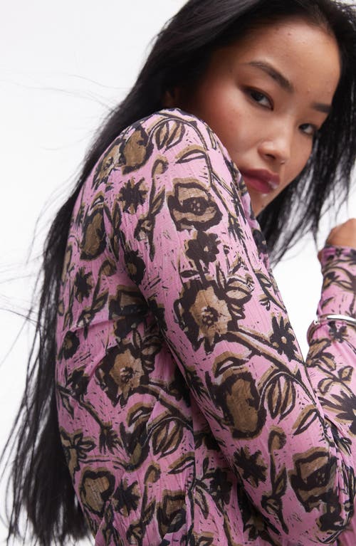 Topshop Floral Print Funnel Neck Crinkle Top In Pink