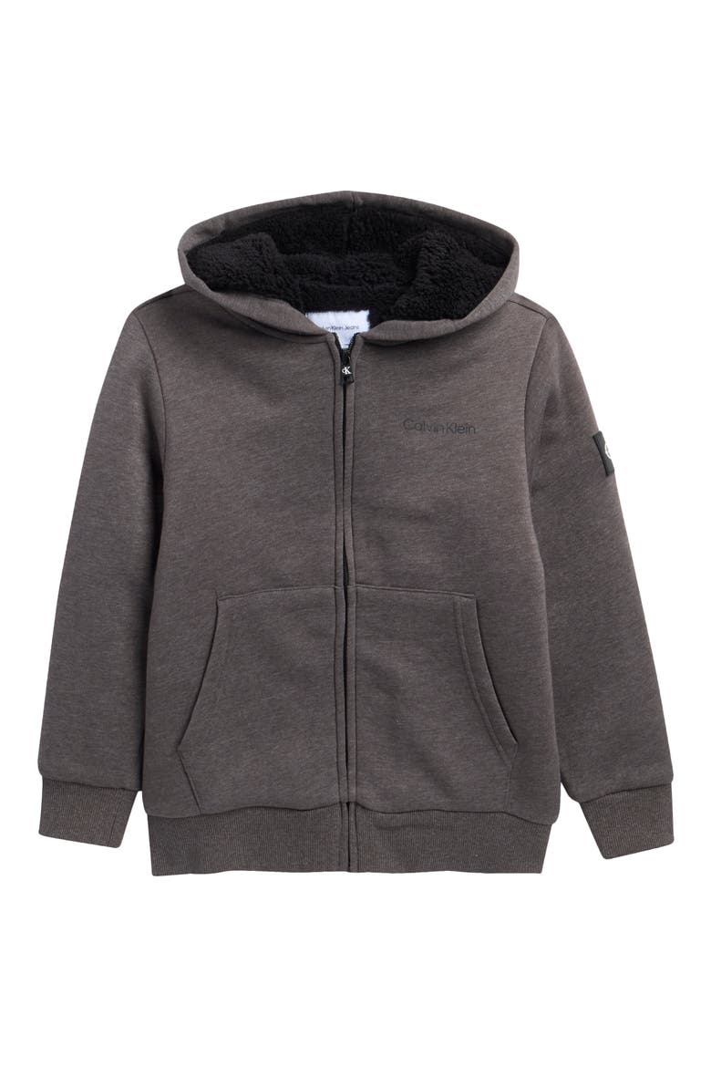 Kids' Icon Faux Fur Lined Full Zip Hoodie, Main, color, CHARCOAL HTHR