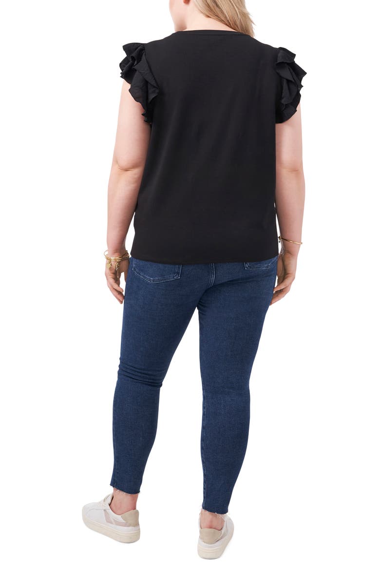 Vince Camuto Mixed Media Tiered Ruffle Sleeve Top, Alternate, color, Rich Black