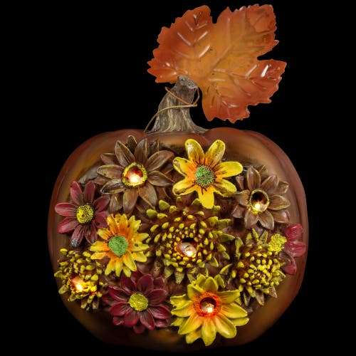 Northlight Led Lighted Solar Powered Floral Fall Harvest Pumpkin Outdoor Decoration In Brown
