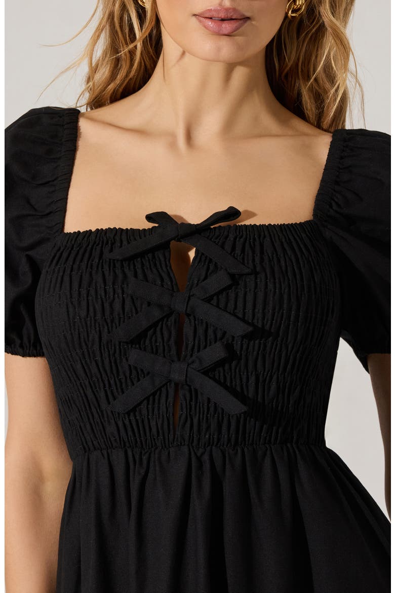 Bow Detail Smock Bodice Cotton Blend Dress, Alternate, color, BLACK