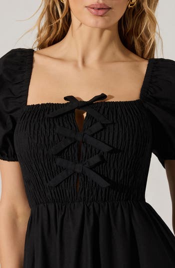 Bow Detail Smock Bodice Cotton Blend Dress