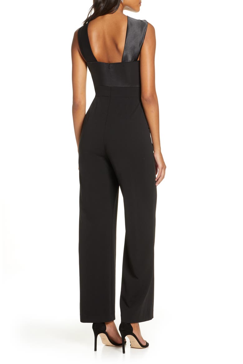 Twist Neck Satin & Crepe Jumpsuit, Alternate, color, BLACK