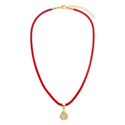 Colored CZ Pear Bezel Pendant & Twisted Cotton Rope Necklace