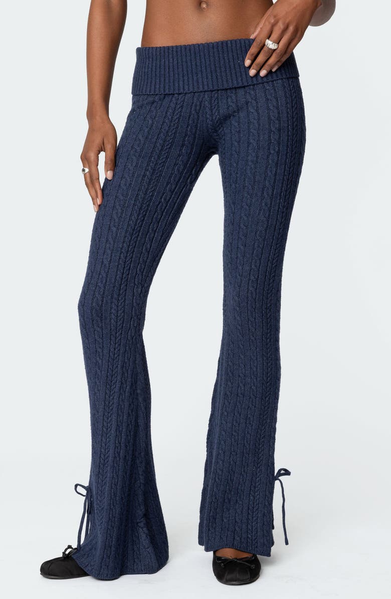 EDIKTED Chase Foldover Bow Trim Cable Knit Pants, Main, color, Navy