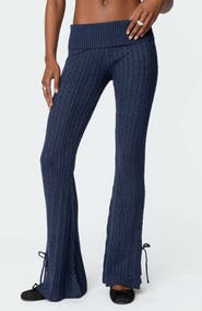EDIKTED Chase Foldover Bow Trim Cable Knit Pants