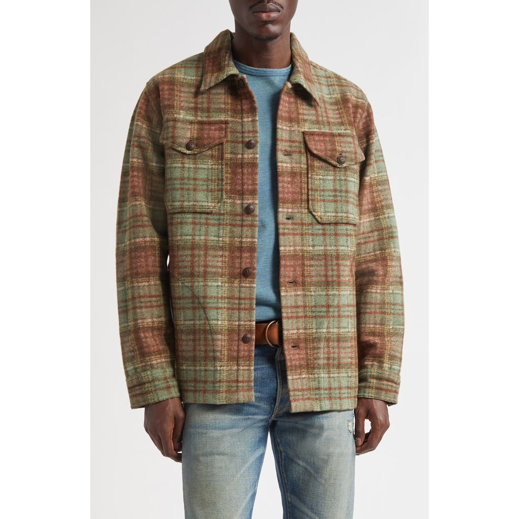 Double Rl Plaid Felted Wool Blend Button-up Shirt Jacket In Green