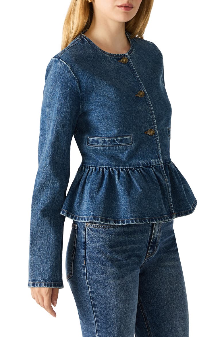 Abigale Peplum Denim Jacket, Alternate, color, DARK NAVY