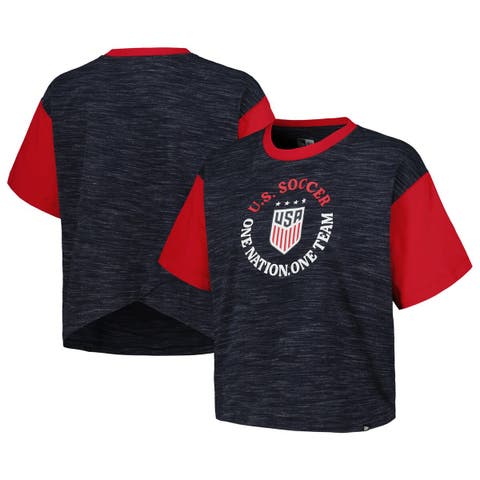 Women's 5th & Ocean by New Era Navy USWNT Athletic Cross Back Cropped T-Shirt