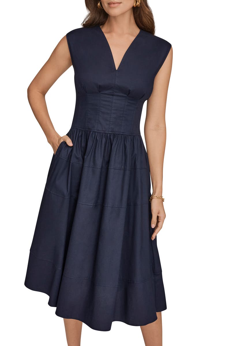 DONNA KARAN WEEKEND Cap Sleeve Illusion Knit A-Line Midi Dress, Alternate, color, Ink